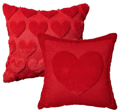 Artoid Mode Lot de 2 housses de coussin décoratives en fourrure synthétique douce en forme de cœur rouge - 45 x 45 cm - Jacquard - Pour canapé, chambre à coucher