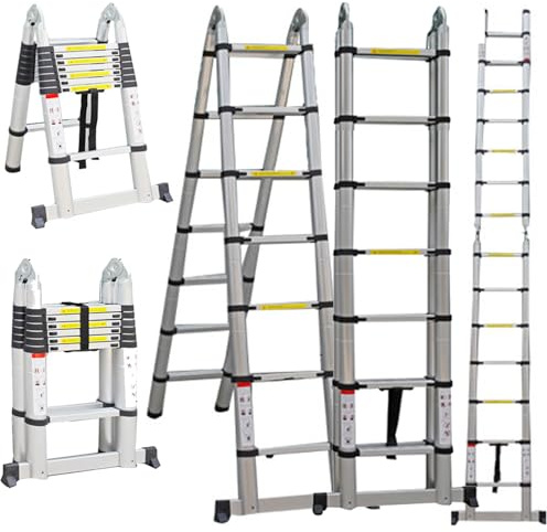 Telescopic Ladder 4.4m Multi Purpose with Stabiliser, 2.1m + 2.1m, A Frame or Straight, Multi Purpose Combination Step Ladder, Extension Ladder EN131 Standards