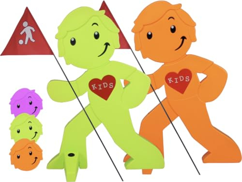 StreetBuddy – varningsfigur med flagga, reflekterande varningsstativ för barnsäkerhet – observera att köra långsamt – varningslekande barn – skylt för bilförare (1x grön, 1 x orange)