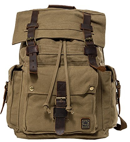 Jonon Vintage Toile Sac à Dos pour Hommes en Cuir Sac à Dos Sac à Dos 17 Pouces Ordinateur Portable fourre-Tout Sacoche école Militaire armée épaule Sac à Dos Sac de randonnée (Vert)