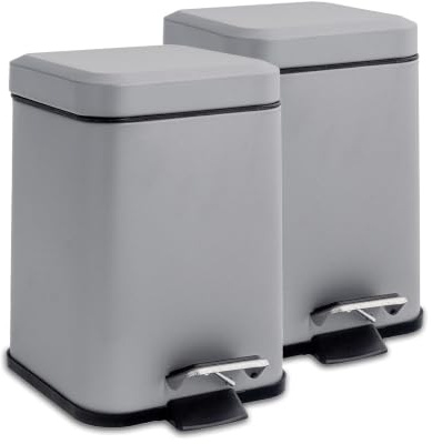 Harbour Housewares 3L Bathroom Bins - Matte Grey - Pack of 2 - Square Stainless Steel Pedal Bin Slim Kitchen Rubbish Trash Can Garbage Dustbin with Lid and Inner Liner Bucket