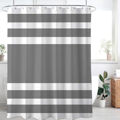WELTRXE Shower Curtains Mould Proof Resistant, Waterproof Quick Dry Polyester Fabric Bath Curtain with 12 Hooks, Weighted Hem, 183x183 cm, Grey Striped, Washable Curtain