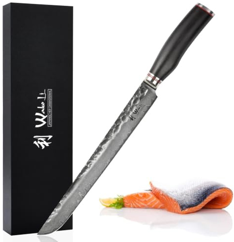 Wakoli EBO Tanto-Fleischmesser, 27,5 cm Klinge, 67 Lagen Damaststahl, VG-10 | Hammerschlag, schwarzer Eichenholzgriff, 15° V-Schliff beidseitig, 60 ± 2 HRC, für große Fleischstücke, inklusive Geschenkbox