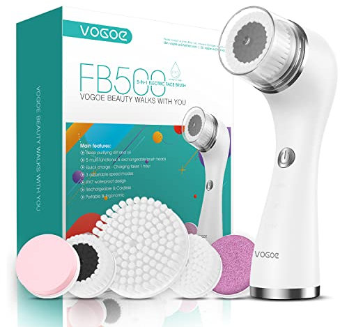 VOGOE Facial Cleansing Brush - Rechargeable Face Brush Electric IPX7 Waterproof Spin Face Scrubber, 3 Speeds & 5 Brushes for Cleansing and Exfoliating, White