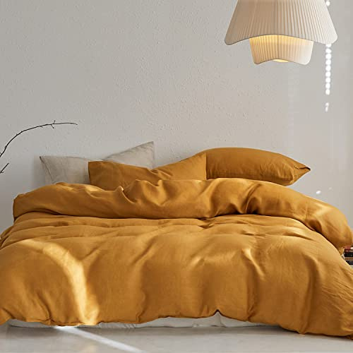 TOSMO Linen Duvet Cover Set, 100% French Flax Natural Linen Bedding 3pcs Set, Soft Breathable for Hot Sleepers 1 Duvet Cover and 2 Pillowcases (Butternut, Queen)