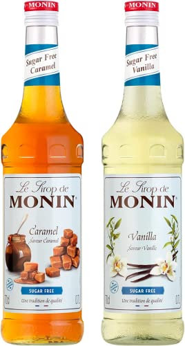 MONIN - Assortiment Vanille & Caramel Sans Sucre - Pour Café, Chocolat Chaud, Capuccino ou Latte - Arômes Naturels - Bouteille en Verre - 2 x 70 cl