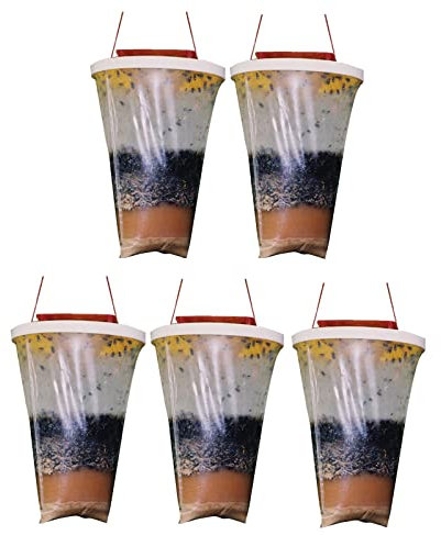 Confezione da 5 trappole per mosche da appendere all'esterno, usa e getta, con esche per mosche, repellente per mosche, per giardino, fattoria, fienile