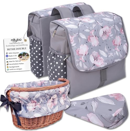 millybo BETSIE Double Fahrradtasche 3-er Set Korbeinlage Sattelbezug Gepäckträgertasche Verschiedene Muster