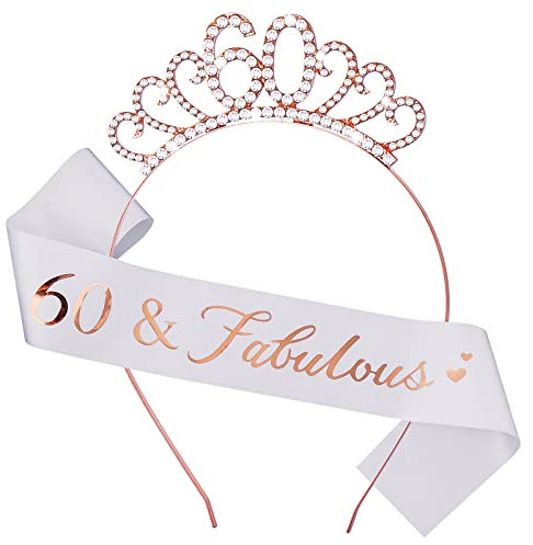 Abeillo Écharpe de 60e anniversaire et diadème en strass, écharpe en satin pour 60e anniversaire - Cadeau d'anniversaire pour filles et femmes - Décorations de fête d'anniversaire (or rose)