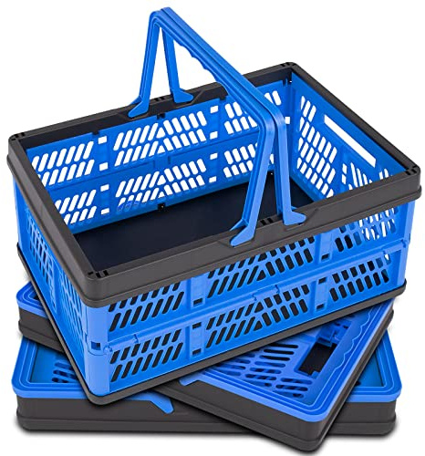 TeukRiGa 3 Packs 20L Collapsible Shopping Basket With Handle, Collapsible Reusable Plastic Basket, Foldable Storage Crates