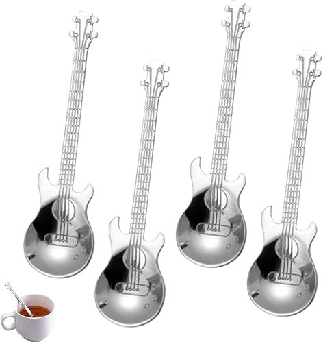 Norhogo 4 Stück Gitarre Kaffee Teelöffel, Edelstahl Musikalische Kaffeelöffel Teelöffel aus Edelstahl Gitarren Löffel 12cm Kleiner Löffel für Milch,Dessert,Milchshake und Espresso (Silber)