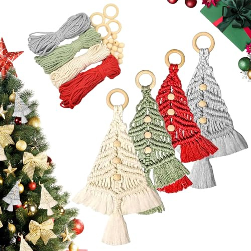 Weihnachtsbaum DIY Set, Makramee DIY Kit für Weihnachten, Makramee Weihnachtsdeko Set, Baumwollgarn Bastelset mit Holzperlen Ringen Anleitung, Abnehmbaren Ornamente, Hängend Dekor