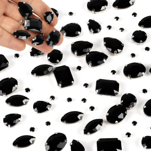 GEFIRE 186 Pcs Strasssteine zum Aufnähen 7 größen Schmucksteine Diamant Glas Kristall Strass Strasssteine Kleidung Strasssteine Kleidung Handgenähtes Diamant-Zubehör für DIY-Kleidung (Schwarz)