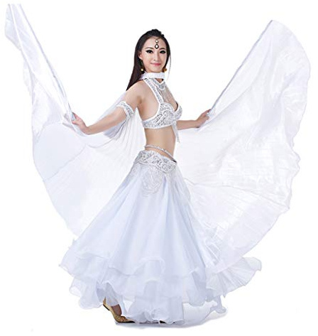 Wuchieal Damen 2 Stöcke & Bauchtanz Kostüm Angle Isis Wings (Transparent Weiß)