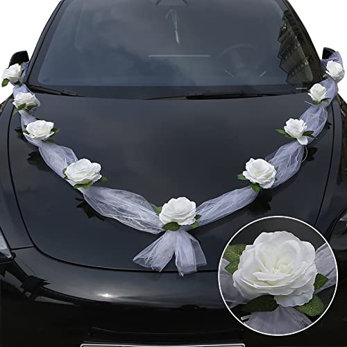 DazSpirit Autoschmuck Hochzeit Weiße, Braut Paar Rose Hochzeitsauto Deko mit Saugnäpfen, Tüll, Kabelbindern und Klebeband, Elegante Girlande Autoschmuck Hochzeit Motorhaube Deko