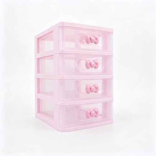 Rosa Tischaufbewahrung mit 4 transparenten Schubladen, stabiler Plastik Organizer für Schminktisch, Büro und Bad, vielseitige Kleinigkeiten Aufbewahrung (17,9 x 13,3 x 20,4 cm)