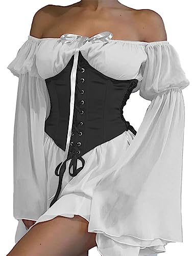 AnnSemo Halloween Costumes Women Renaissance Medieval Dress Chiffon Fairy Dress with Corset Elf Off Shoulder Cocktail Elegant Flounce Long Sleeve for Special Occasions