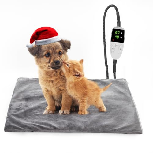Cat Heat Pad Electric 45 * 45cm, 5 Adjustable Timer & 6 Adjustable Temperature, Pet Heating Mat Waterproof, with Crystal Velvet Cover & Anti Bite Cable, Ideal for Whelping/Puppy/Dogs and Cats