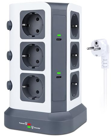 [15W USB C] KOOSLA Regleta Enchufes Proteccion sobretension 1500J (3680W/16A), Regleta Vertical con 12 enchufes y 5 USB Puertos (2USB C+3USB A), Cable 2 Metros, Gris Oscuro