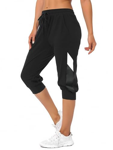 Marvmys Sportbyxor dam sommar dam bomull 3/4 shorts casual yoga fitness löst sittande vandring löparshorts S-XXL, Svart-d (medium), L