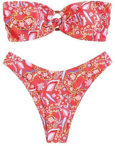 ZAFUL Women's Bandeau Bikini O Ring Strapless Tie Back High Cut Two Piece Swimsuit Bathing Suits (5-Floral Red, S)
