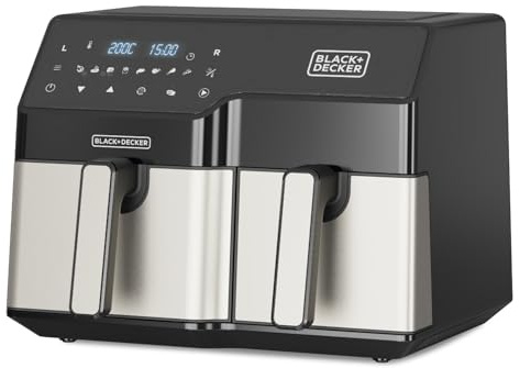 BLACK+DECKER – Heißluftfritteuse Doppelkammer 2500W | Gesamtvolumen 9L | 8 Voreingestellte Programme | Digitales Touchdisplay | Temperatur 80–200°C | Double Cooking Technologie