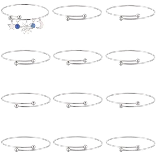 SUNNYCLUE 12 Stück Verstellbares DrahtarmBands Silberfarben Erweiterbarer Armreif Edelstahl Offene Manschette Armreifen Set Massenarmbänder Mit Nicht Abnehmbarer Perle Zur Schmuckherstellung Charms