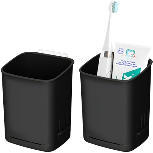 2-pack väggmonterade tandborsthållare, självhäftande badrums-tandborste vägghållare för elektrisk tandborste, tandkräm, rakhyvel, duschartikel (svart)