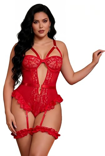 comeondear Dentelle Lingerie Sexy Femme Body Ouvert Rouge XL-XXL
