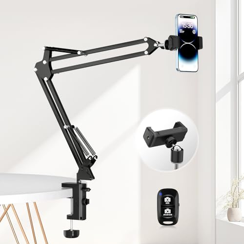 UBeesize Overhead Trépied pour téléphone portable, trépied de table avec bras articulé flexible et pince de table, support de bras articulé, téléphone portable et appareil photo, vis à manches