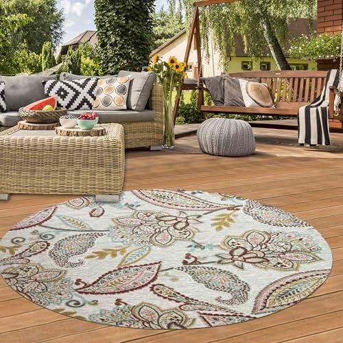 Teppich-Traum Teppich für Balkon Flur Wohnzimmer wetterbeständig pflegeleicht Blumen Hoch Tief Muster Outdoor Rund Creme bunt grau 120 cm Rund