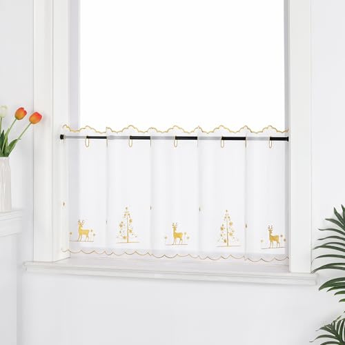 Joyswahl Weihnachtsdeko Scheibengardine Weiß Bistrogardinen durch Lochleiste Transparent Kurzstores mit Weihnachten Muster Weihnachtsgardine Gold HxB 45x120cm 1er Pack