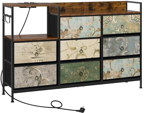 WOLTU Kommode mit 8 Schubladen aus Stoff, mit Steckdosen | Kommodenschrank für Schlafzimmer Wohnzimmer Flur, aus Metallrahmen Holzwerkstoff, Rustikales Braun mit Vintage-Blumenmotiv