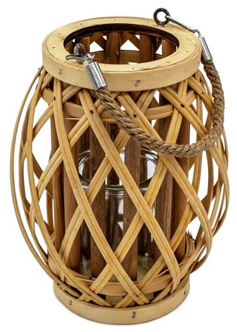 Holz Laterne mit Kerzenglas - 22 x 15 cm - Windlicht mit Jute Seil zum Hängen - Deko Kerzenhalter Leuchte zum Hängen für Innen Garten Balkon