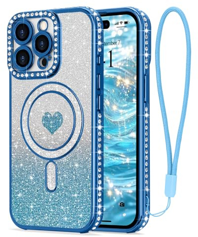 LAPOPNUT Magnetic Glitter Case for iPhone 14 Pro with Wrist Strap,Blue | Compatible with MagSafe, Sparkly Phone Cover for Girls Women, Sparkle Rhinestone Rasied Camera Protection,Bling Glittery Cute