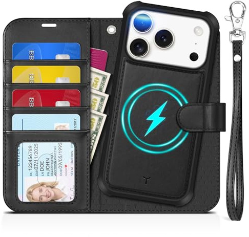TUCCH 2-i-1 avtagbart plånboksfodral för iPhone 17 Pro (6,3 tum) 2025, trådlös laddning | RFID-blockering 4 korthållare | handledsrem | ställ | magnetiskt | PU-läder | skyddande flipfodral | svart