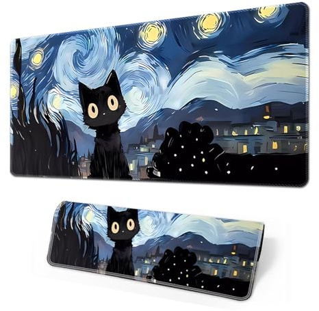 Gaming-Mauspad XXL, 800 x 300 mm Niedliches Katzen-Mauspad mit genähten Kanten, wasserfestes Computer-Mauspad mit rutschfester Gummibasis für Gamer, Büro und Zuhause (Starry Night Black Cat)