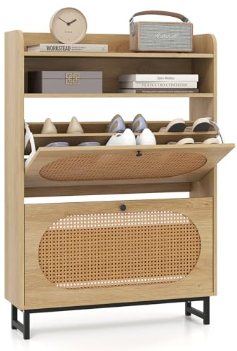 FANTASK Rattan Schuhschrank, 2 Klappen Freistehender Schuhkipper, Schuhaufbewahrung mit 2 Flip-Schubladen für Diele, Flur, Wohnzimmer, 80 x 24 x 115 cm
