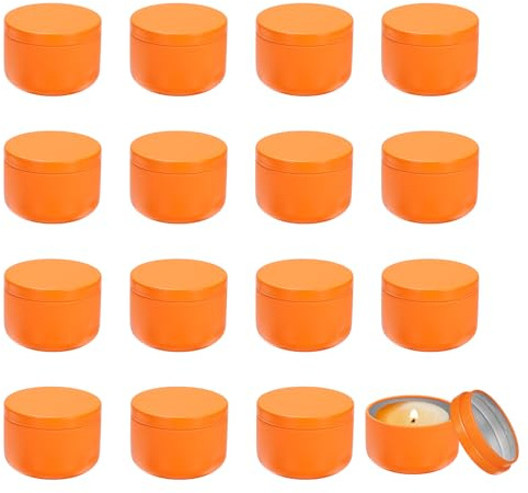 sourcing map Latas de velas de 3 onzas, 16 tarros de metal con tapas, recipientes redondos vacíos a granel para almacenar té y hacer manualidades, regalos de Navidad, color naranja