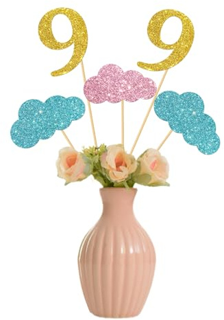 On Cloud 9 Centerpiece Sticks - Sky Cloud Themed 9th Birthday Party Centerpieces - Nine Sign - Boys Girls Birthday Party Table Decorations - Glitter 12 PCS
