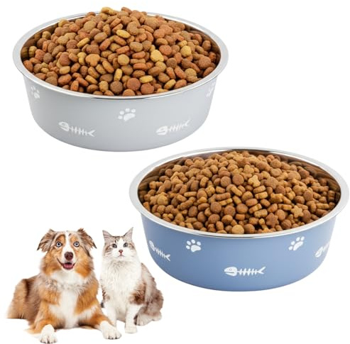Culinavog 2 Piezas Cuencos para Perros de Acero Inoxidable (900ml), 17.5cm Comedero Perro con Base de Silicona Antideslizante, comedero Perro Grande para Perros y Otras Mascotas(Azul y Gris)