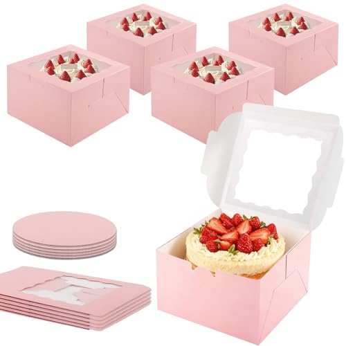 Otauoaea Set di 5 Scatola Torta Rosa 20,5x20,5x12,8cm, Scatola per Torta con Finestra, Cake Box Scatole per Torte Tiramisù, Contenitore per Torte con Vassoi, Scatole per Dolci in Cartone(8X8X5inch)