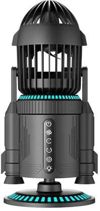 FUANA Ventilatore da tavolo a forma di razzo per una circolazione dell'aria silenziosa a 5000 giri/min con luce RGB, ricarica USB-C, batteria da 5000 mAh, cavo per auricolari nero