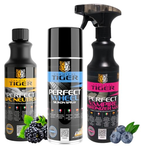 CHEMICAL TIGER - Hjul- och Däckvårdsset, 3 Delar: Hjulrengöring + Däckglansspray + Bilrengöring för Interiör och Exteriör - Mångsidig Användning, Vårdar Hjul, Däck och Fordonsytor