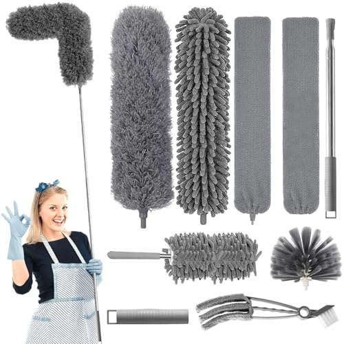 KALBIGRO Plumero Telescopico Extensible, 9 Piezas Plumero Atrapapolvo Lavable, Duster para Limpieza Techo, Telarañas, Ventiladores de Techo Alto
