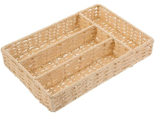SHINEOFI Organisateur Couverts Tissé en Corde de Papier et Fil de Fer Beige, Panier de Rangement Solide Odeur pour Tiroir Cuisine ou Salle de Bain