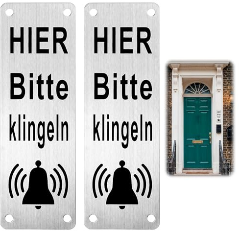 WJIAAA Lot de 2 plaques de sonnette « Bitte hier » autoadhésives, petites, résistantes aux intempéries, accessoires pour porte d'entrée, en acier inoxydable, vertical, 15 x 5 cm