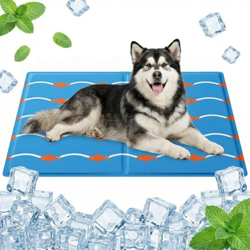 Qoosea Kühlmatte für Hunde 50x90cm, Wasserdicht & Falbar - Selbstkühlende Hundematte mit Fisch & Wellen Design, Kühlkissen für Auto, Zuhause und Unterwegs, Sofortige Abkühlung