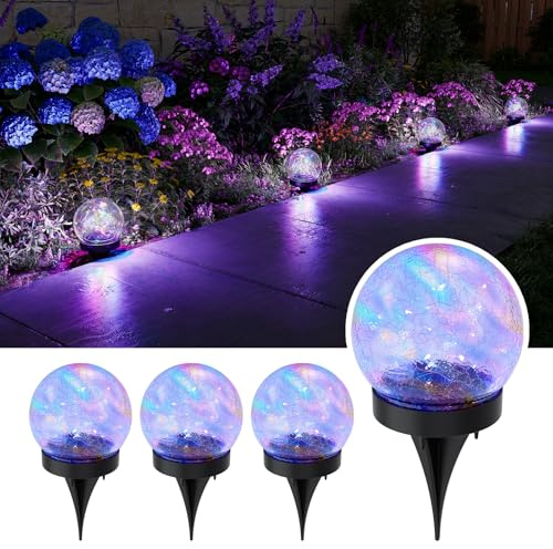 4 Pack Multicolor Solar Powered Cracked Glass Ball Lights Outdoor Waterproof LED RGB Ambiance Orbs Lamps for Outside Garden, Patio, Table, Walkway, Stairs, Lawn, Landscape Decor with Durable Stakes