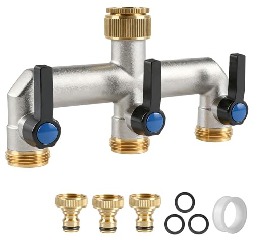 EXLECO Distribuidor de Agua Latón 3 Vías G3/4 con Adaptador 1/2, Llave de Paso Individual por Salida, Mando Metálico, para Grifo Jardín, Lavadora, Manguera, Divisor con Válvula Esfera para Riego